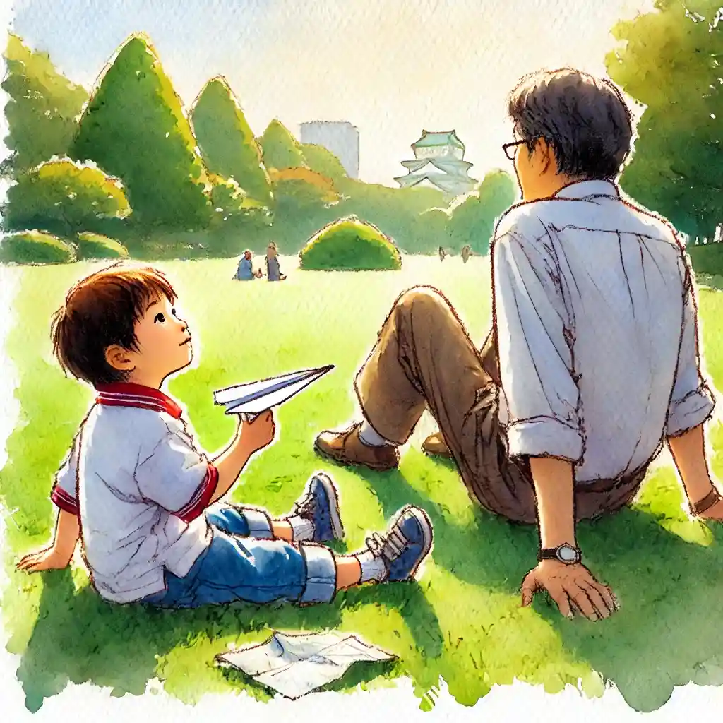 父親と公園で紙飛行機を飛ばす男児