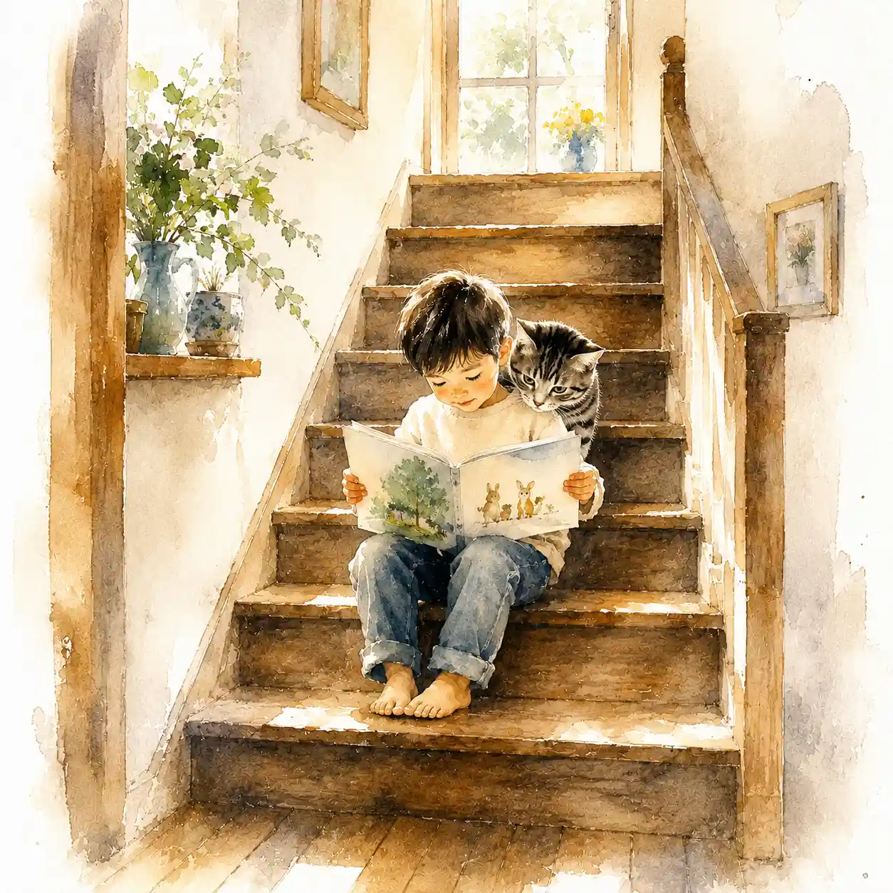 お母さんに手を引かれて歩く2歳の男の子を中心に、絵本が言語発達・情緒安定・学習意欲・親子関係に与える4つの効果をまとめた水彩風インフォグラフィック。