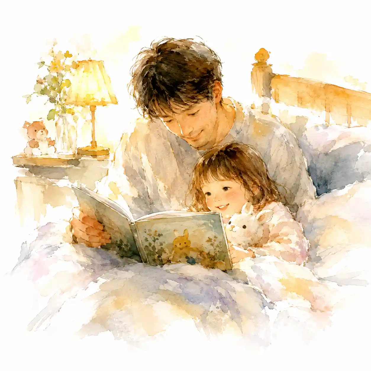 ベッドで読み聞かせしているパパ