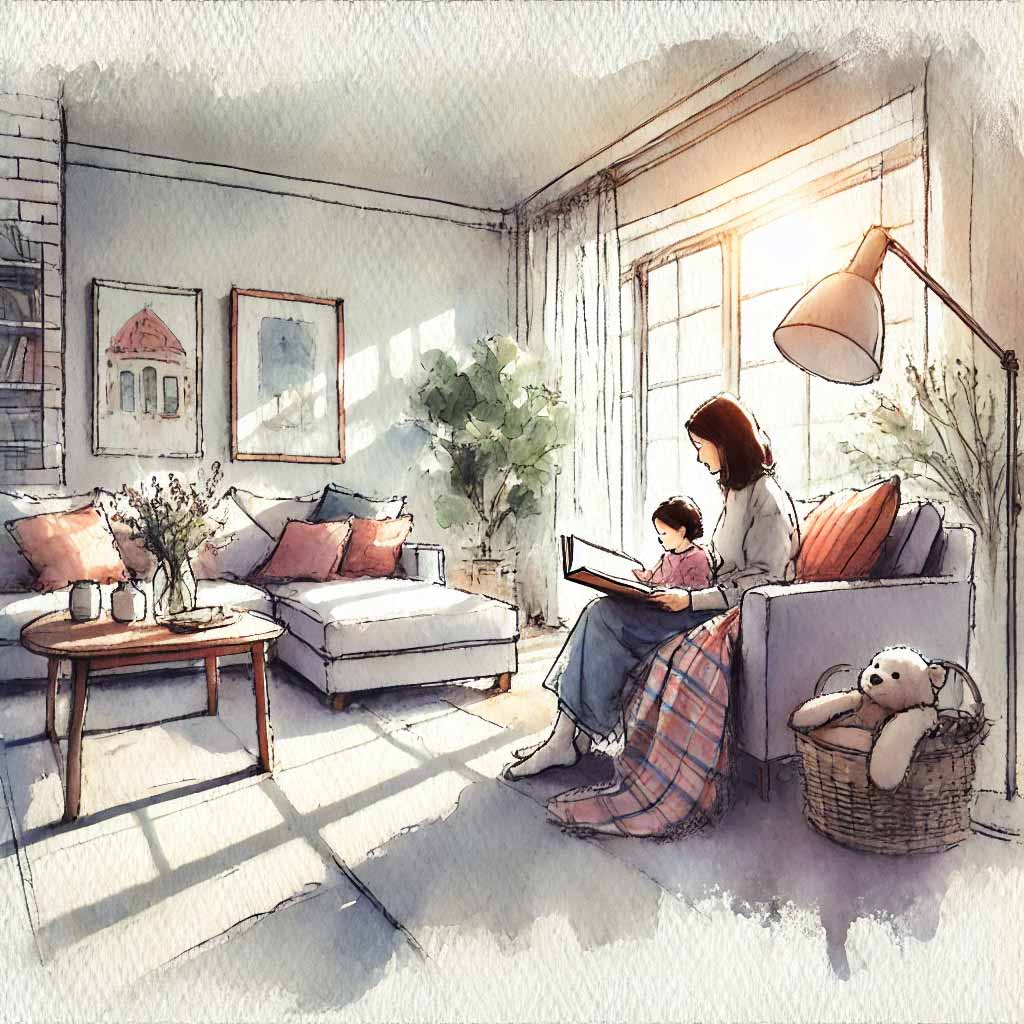 リビングで読み聞かせる母