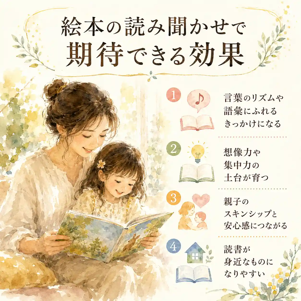 絵本を読む母親と女の子の水彩イラスト。読み聞かせで言葉・想像力・安心感・読書習慣が育つことを示すインフォグラフィック