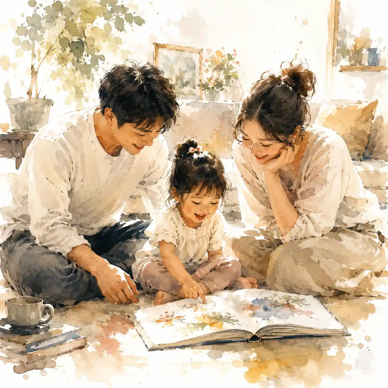 パパとママと絵本を読む3歳女児