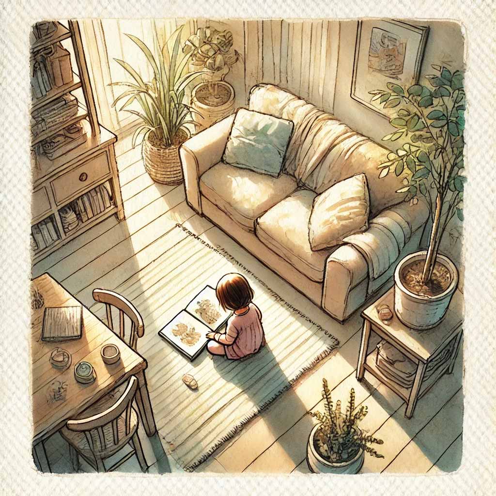 一人で絵本を開いている３歳児