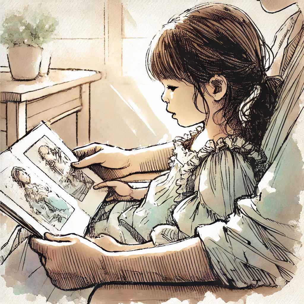 膝に座って絵本を読んでもらっている子ども