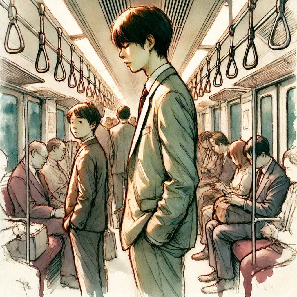 通勤で疲れている若い父親