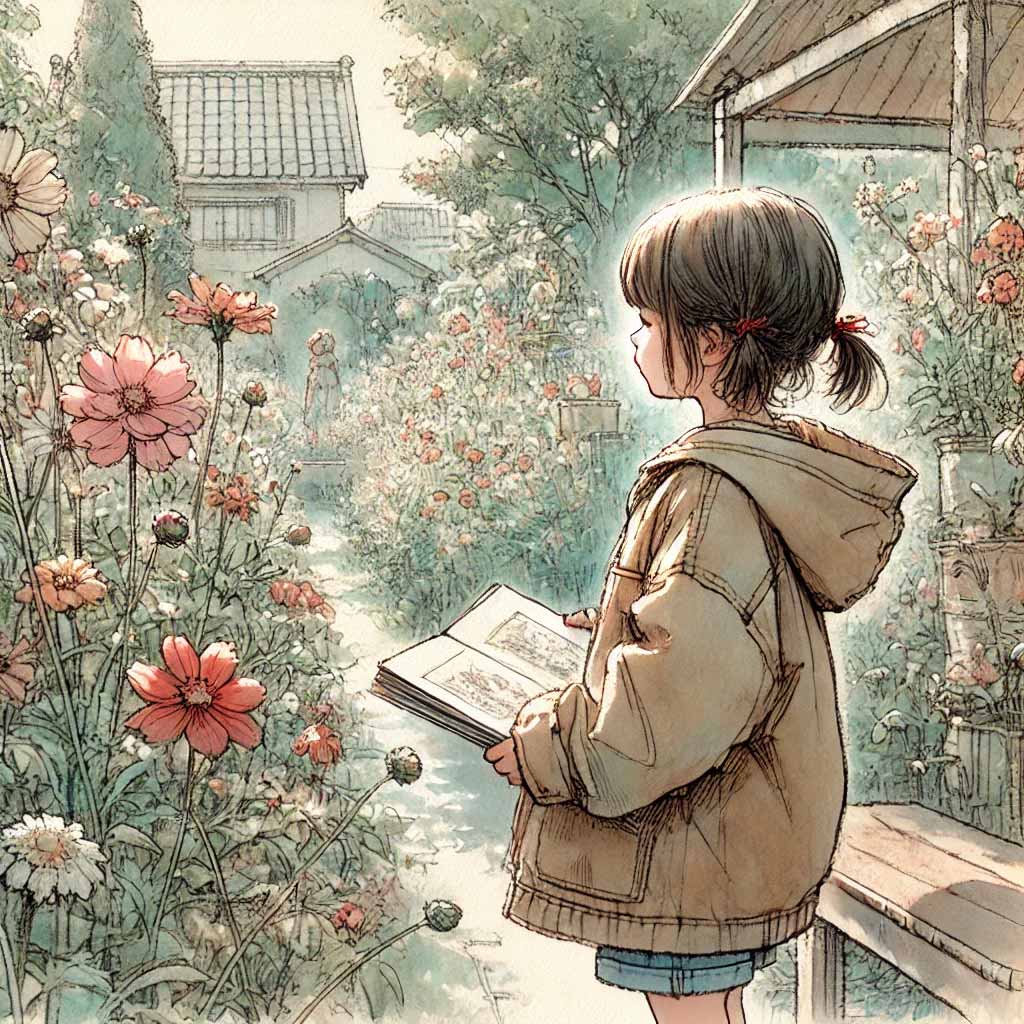 絵本を持って庭にいる女児