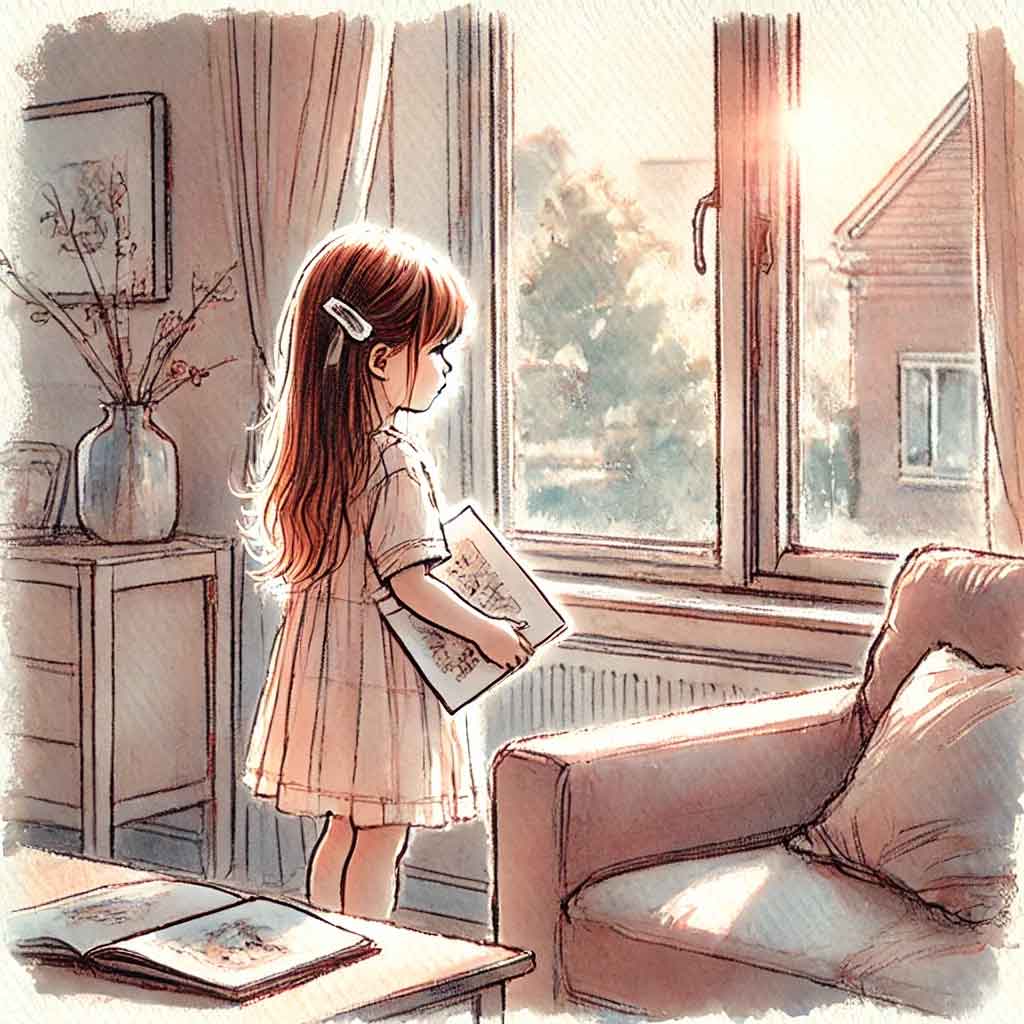 絵本を抱えて窓の外を見ている女児