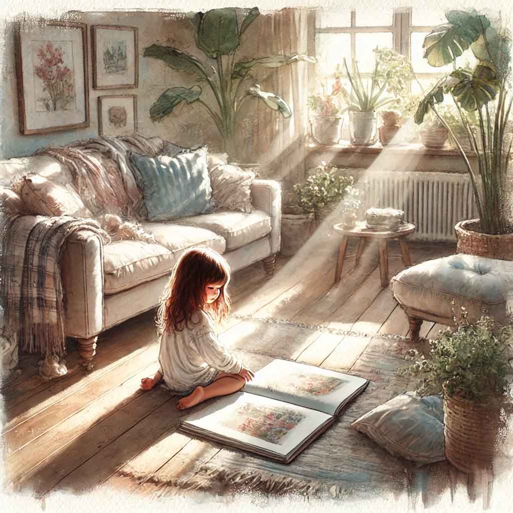 陽の当たるリビングで絵本を開く女児