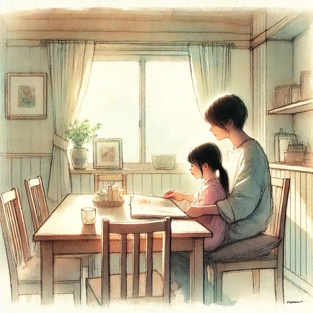 母親の膝に座って読み聞かせしてもらう子供