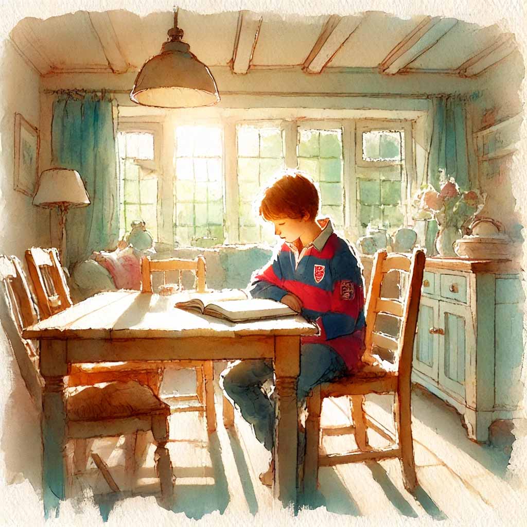 １１歳の少年がダイニングで読書中