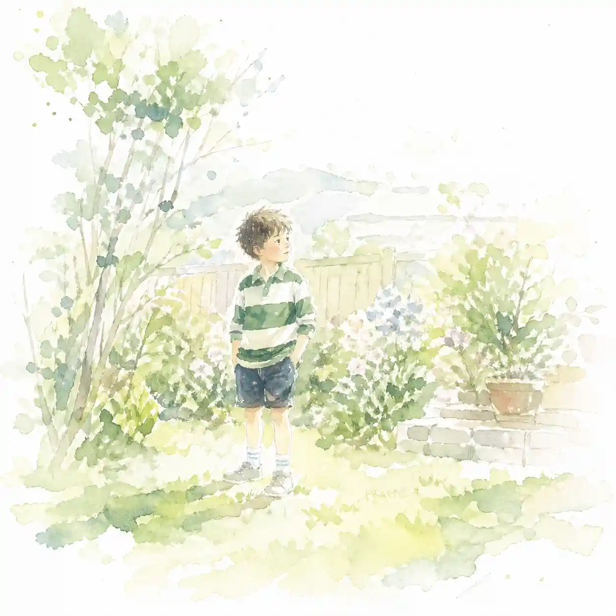 自宅の庭にいる小学生男子