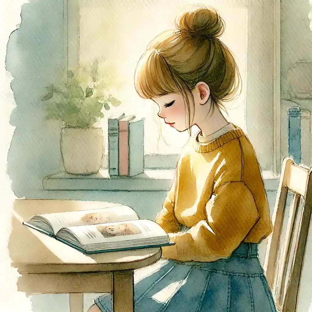 ダイニングテーブッるで絵本を読む二年生暗いの少女