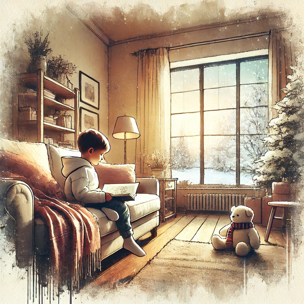 リビングで絵本を読む５歳児