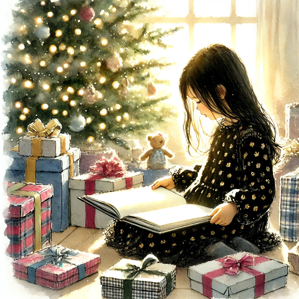 プレゼントの絵本を自分で読む女児