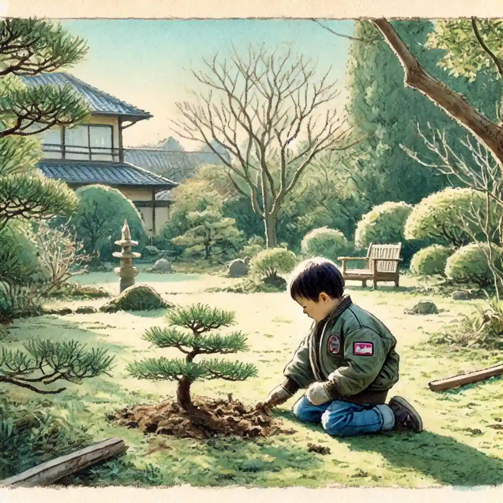 庭で木の根元を掘っている５歳男児