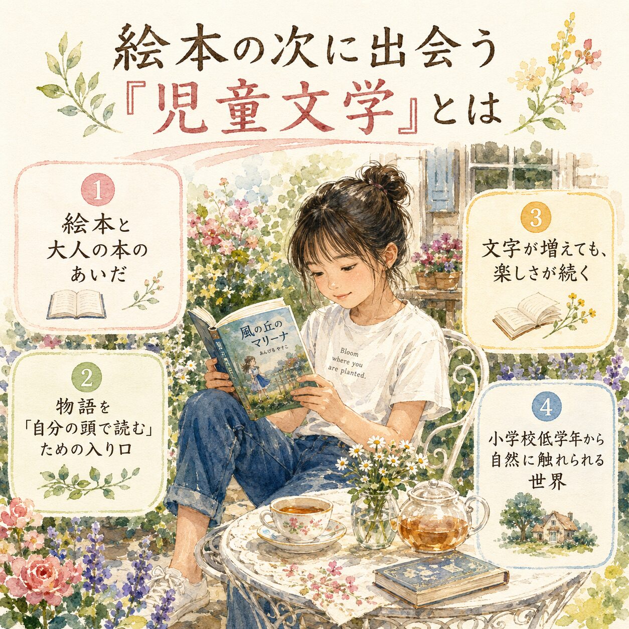小学生くらいの女の子が、花いっぱいの庭のティーテーブルで児童文学の本を読んでいる水彩風インフォグラフィック。「絵本の次に出会う児童文学とは」というタイトルと、絵本と大人の本のあいだ、自分の頭で読む入り口などの要点がやさしく整理されている。