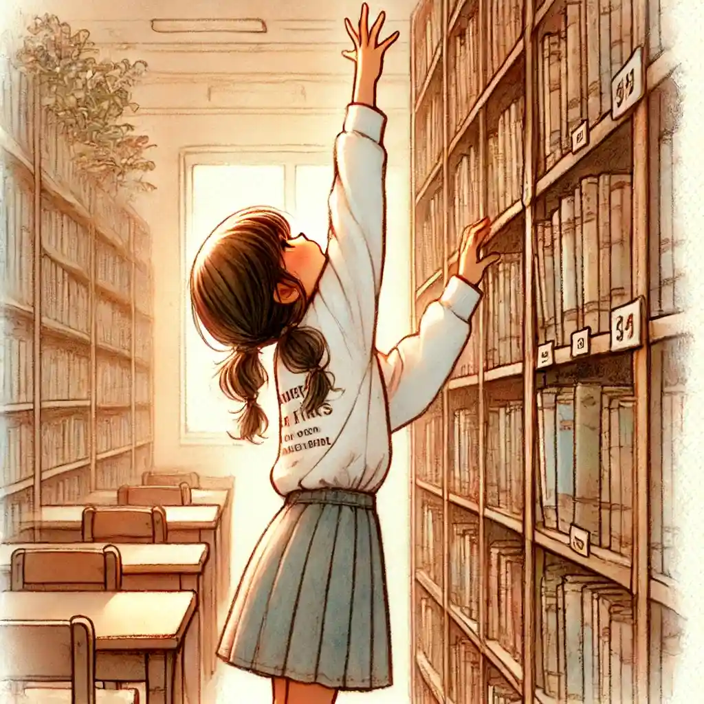 本棚の上の方に手を伸ばし本を取ろうとする小学生女子