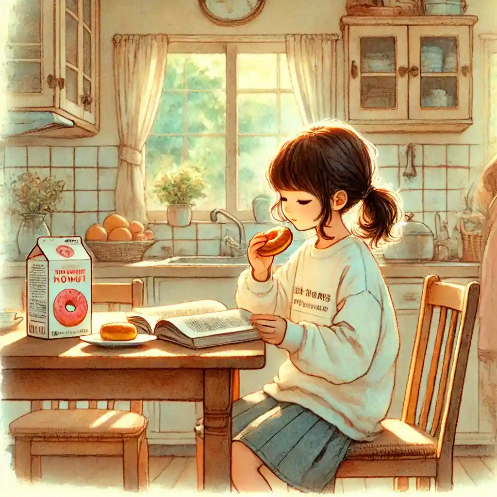 ドーナツを頬張りながら本を読む小学生女子