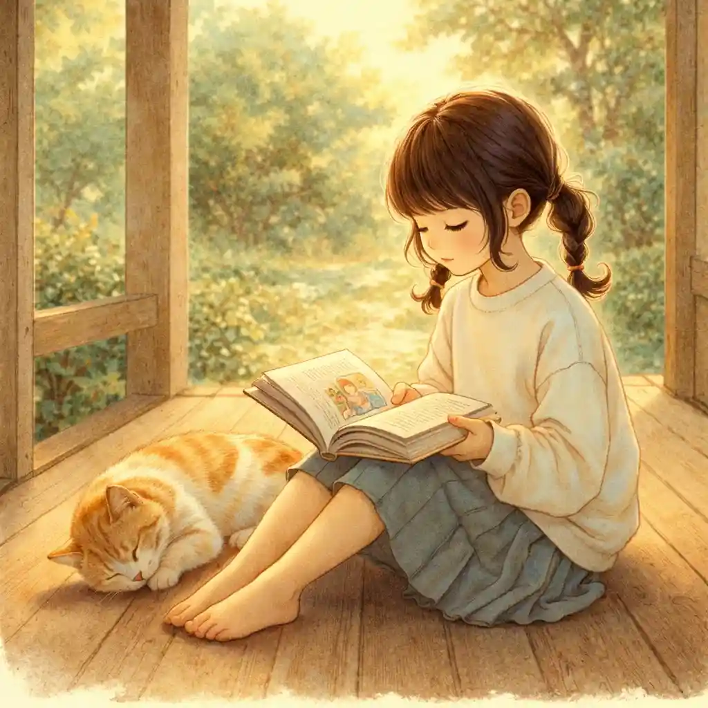 縁側でジュブナイルを読む少女