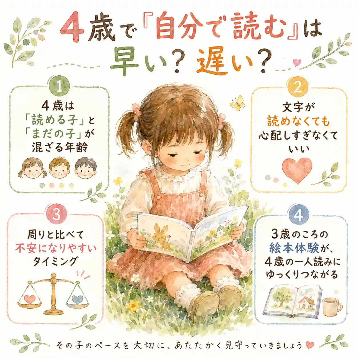 ４歳の女の子が芝生に座って絵本を読み、読める時期の個人差をやさしく説明する水彩風インフォグラフィック。