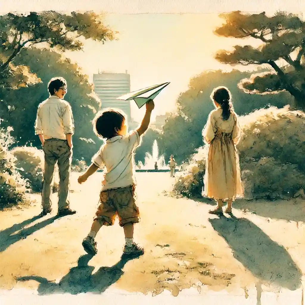 公園で紙飛行機を飛ばす４歳児