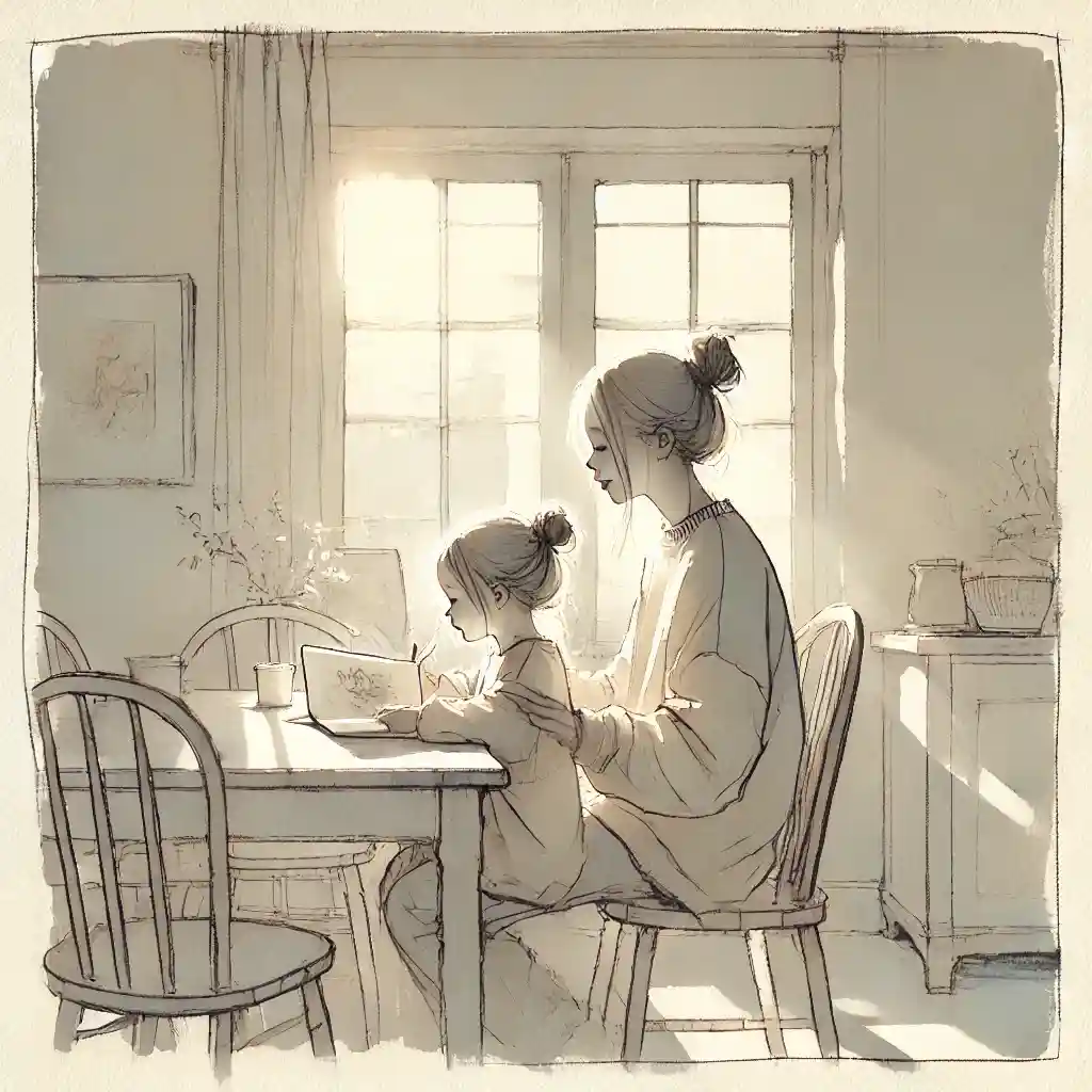 母親の膝に乗って自分で絵本を読んでいる４歳児