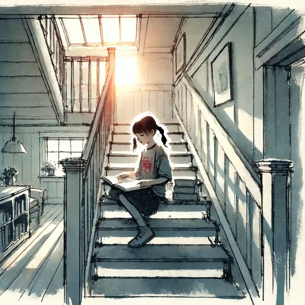 階段の途中で本を読んでいる女子