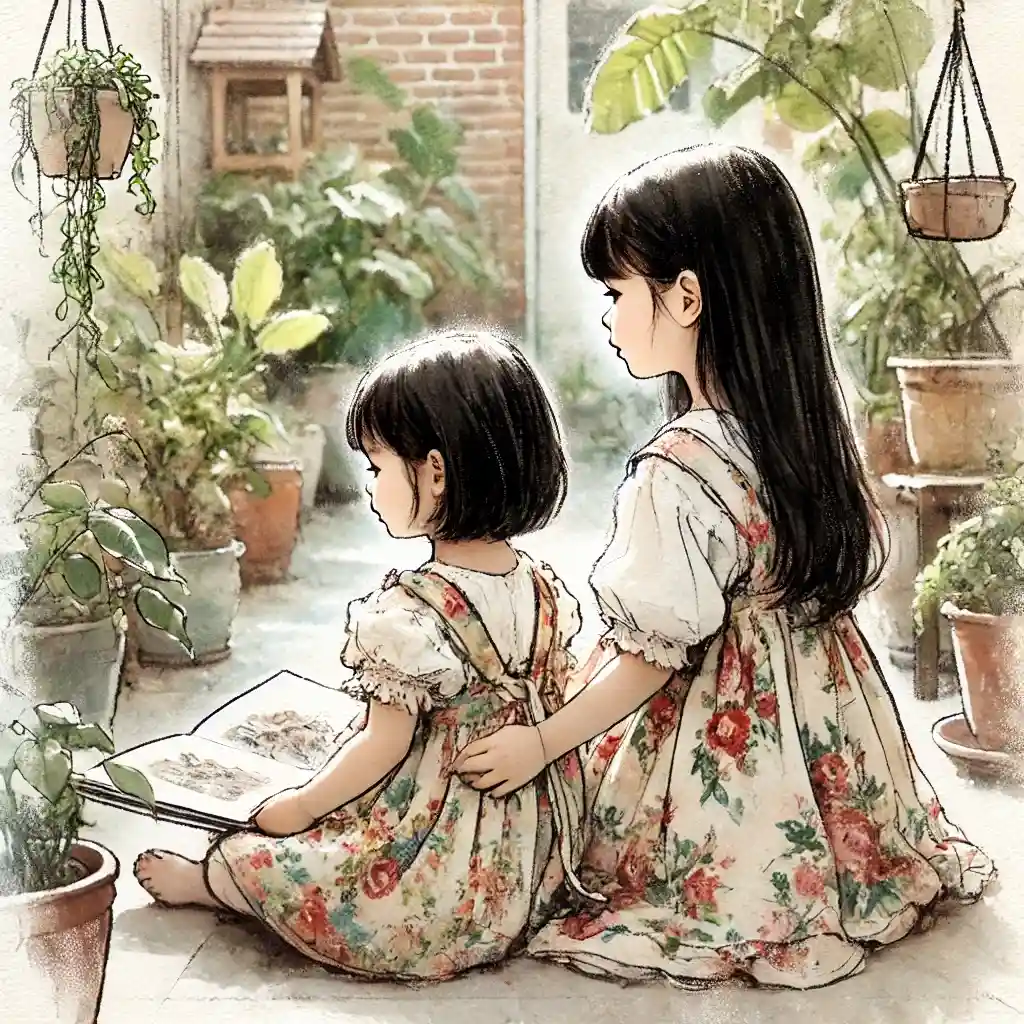 ４歳２歳の姉妹　庭で絵本を読んでいる