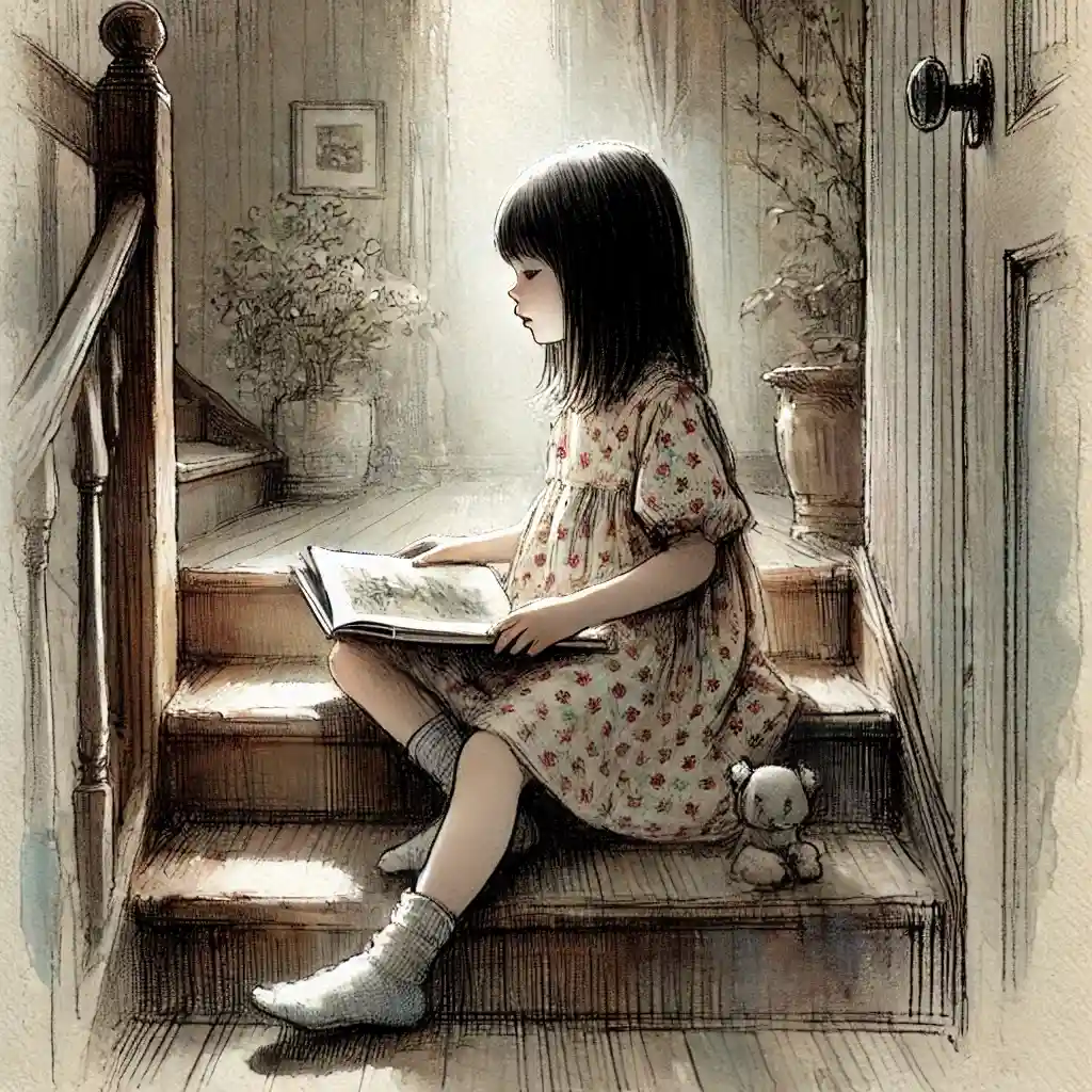 階段で読書に熱中している女子