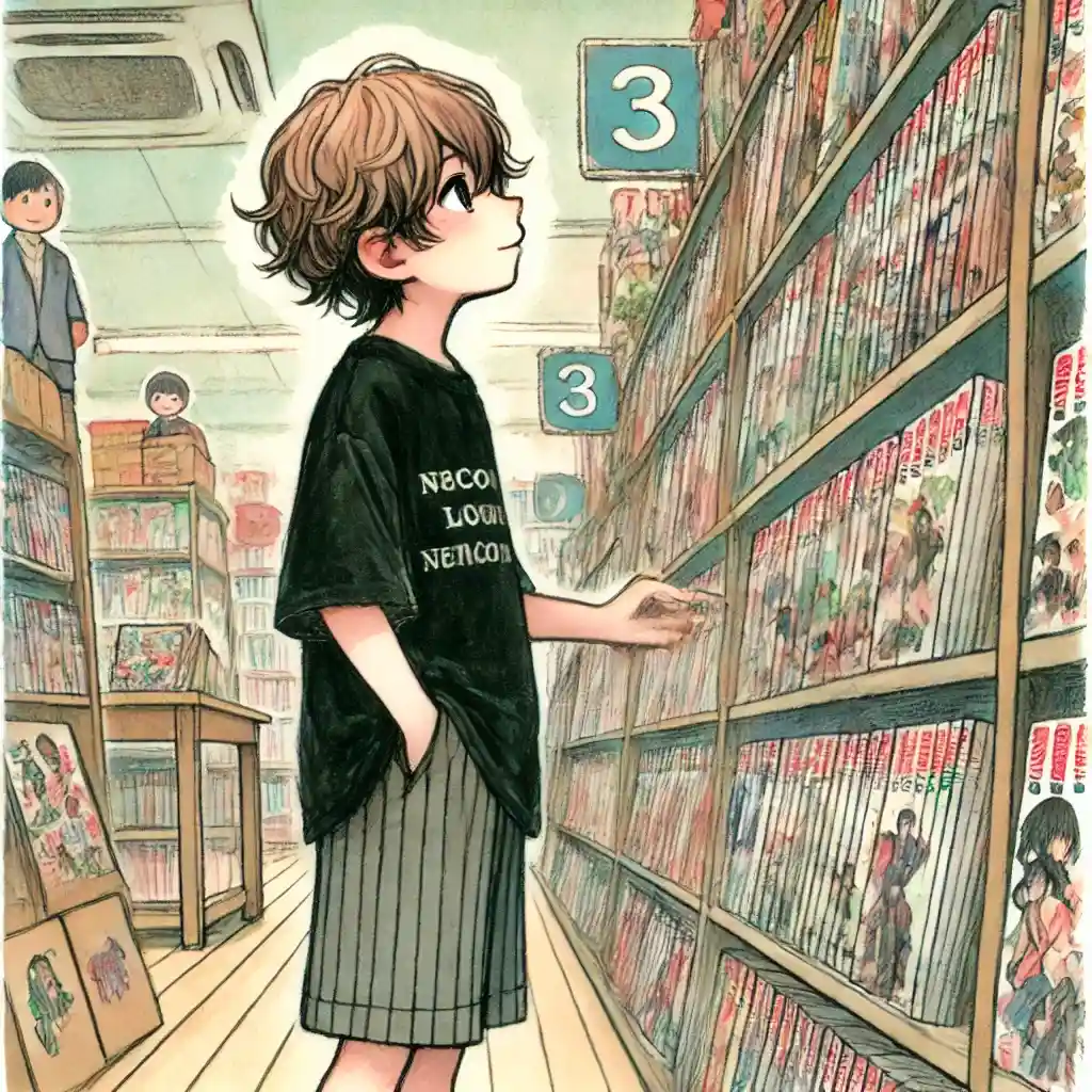 本屋で漫画の棚を見ている男児