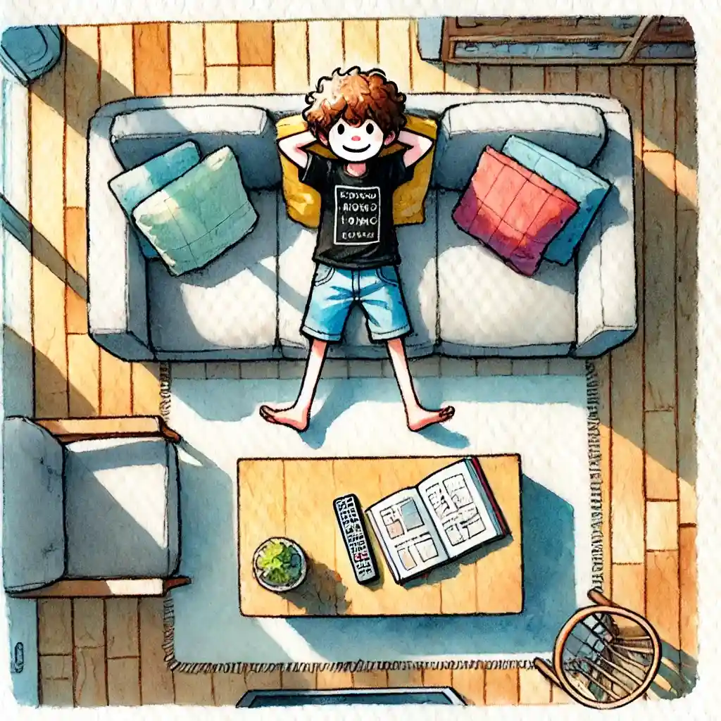 リビングで漫画を読む男児