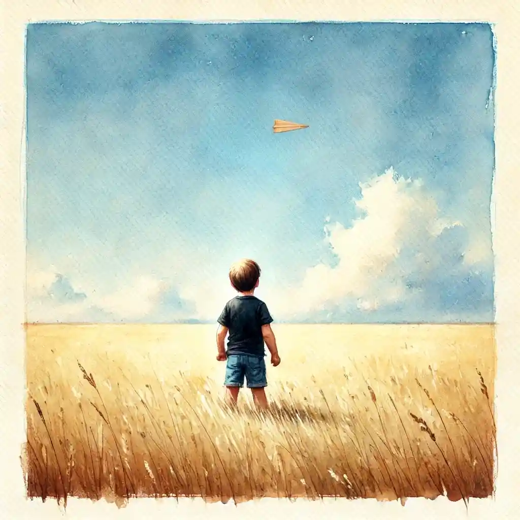 野原で紙飛行機を飛ばす男児