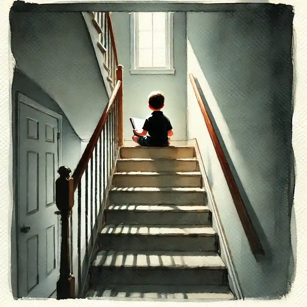 階段で絵本を読む男児