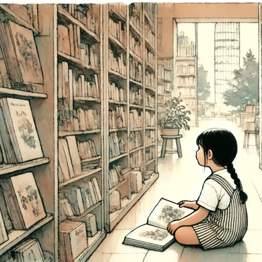 座り込んで絵本を読む女子
