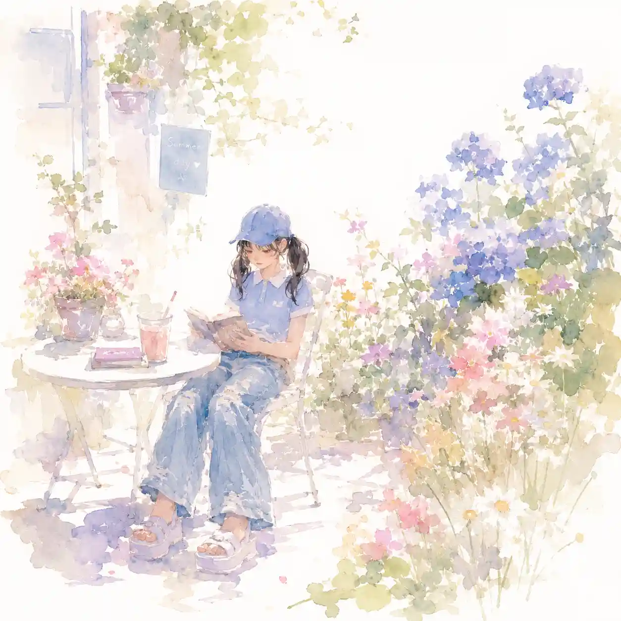 夏の花盛りの庭で読書する少女