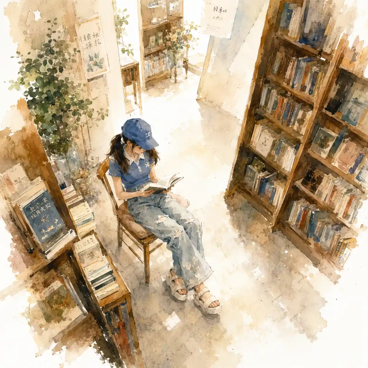 書店で本を読む少女