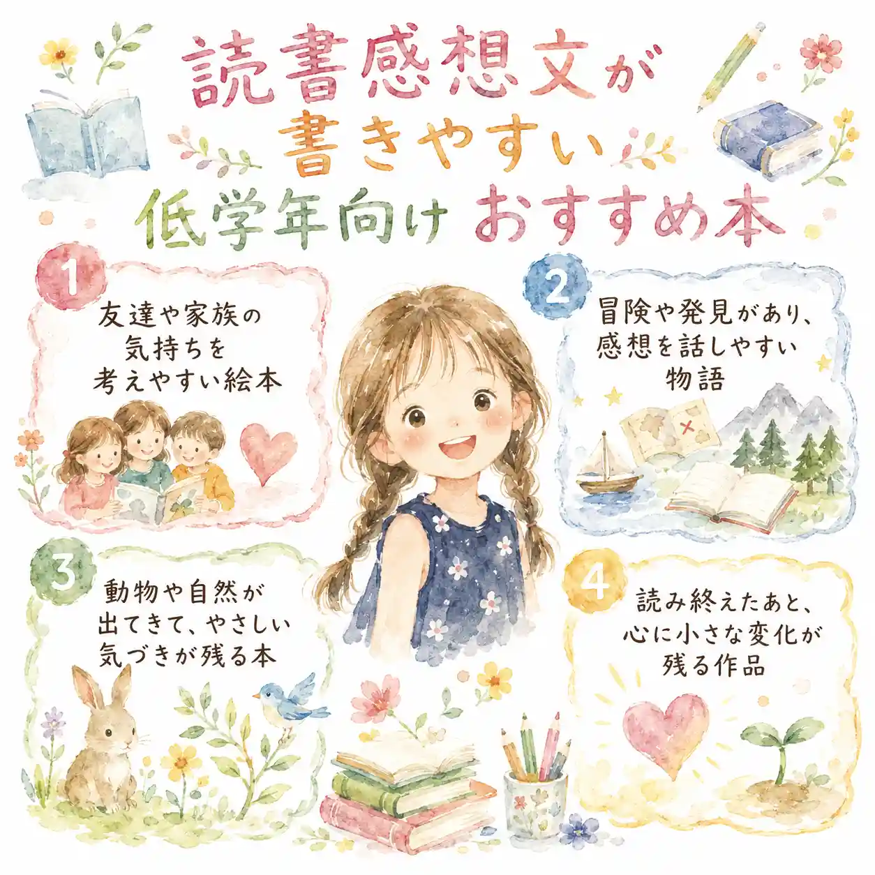 水彩風の読書感想文インフォグラフィック。中央に、三つ編みで笑顔の低学年の女の子。周囲に「低学年向けおすすめ本」として、家族や友達の気持ちを考えやすい絵本、冒険や発見のある物語、動物や自然が出てくる本、心に小さな変化が残る作品の4つのポイントが描かれている。
