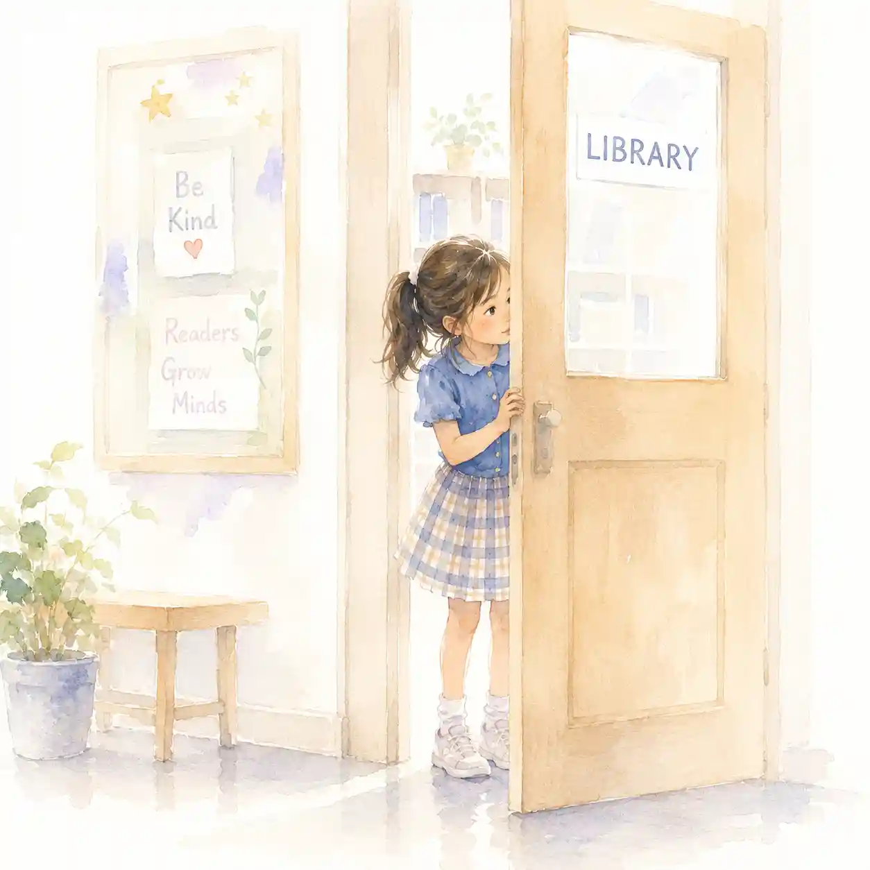 おそるおそる図書室に行ってみる少女