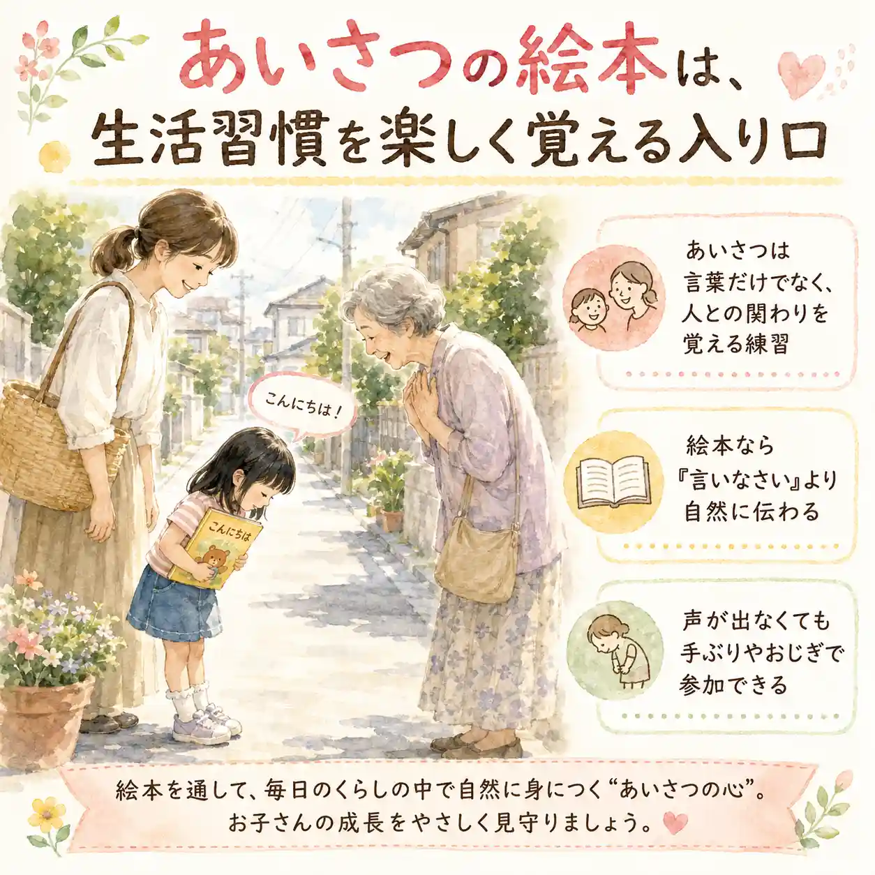 あいさつ絵本を持った3歳女児が、住宅街で通りすがりのお婆さんにおじぎをする水彩風インフォグラフィック。