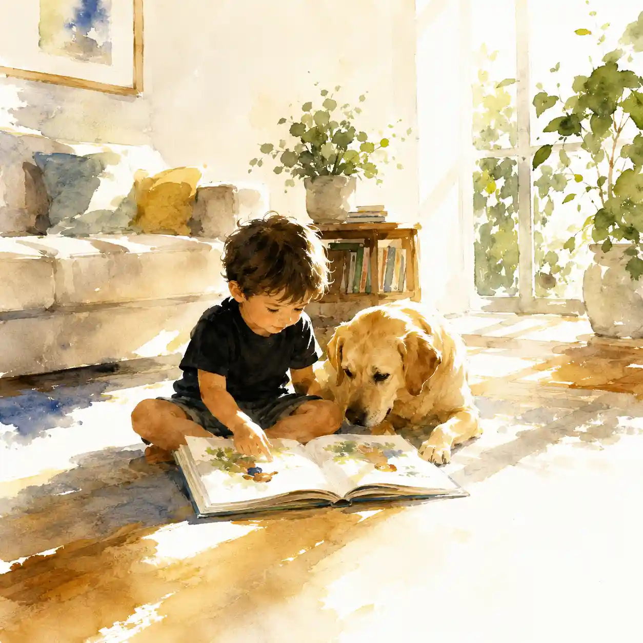 犬と一緒に絵本を読む男児