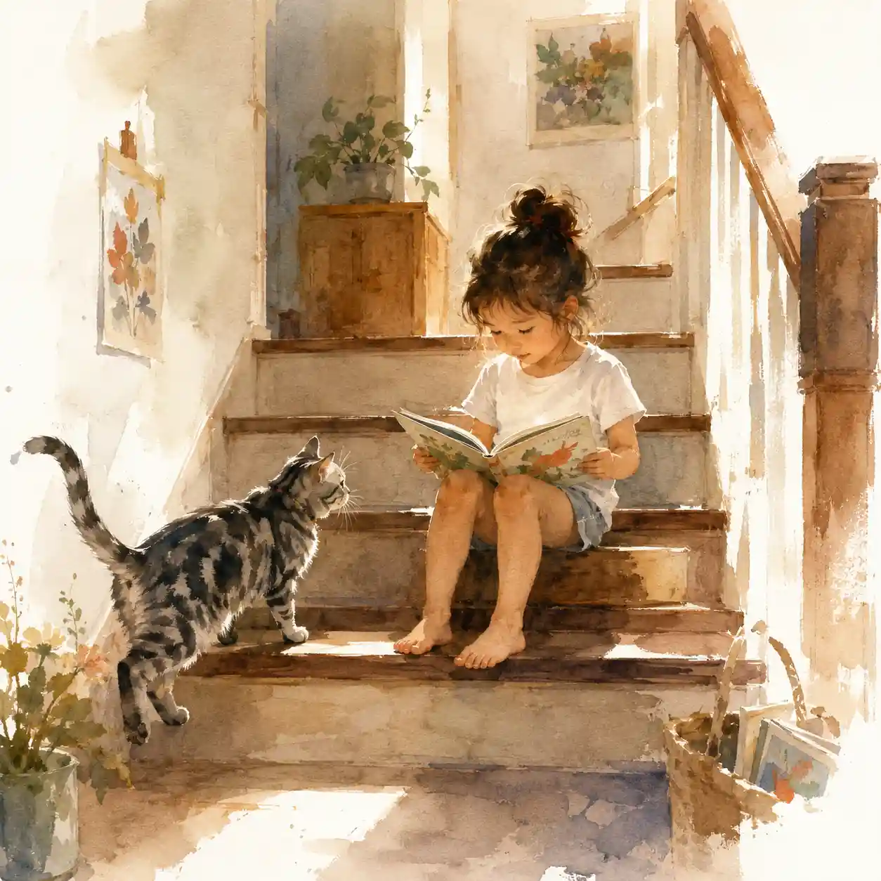 猫と絵本を読む女児