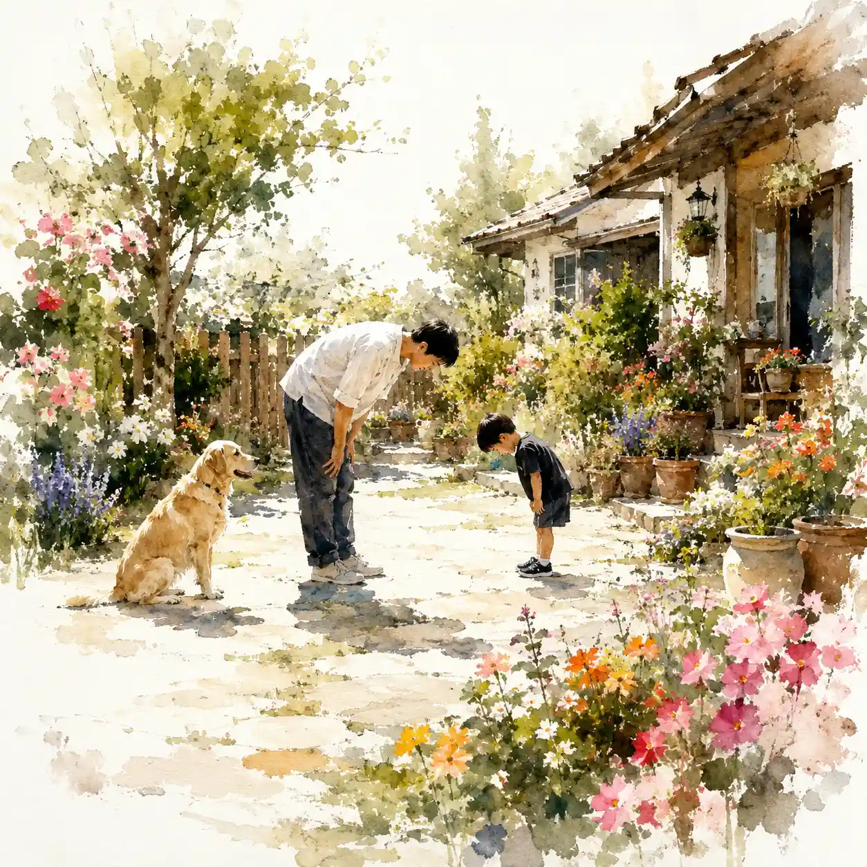 父親と挨拶の練習をする男児