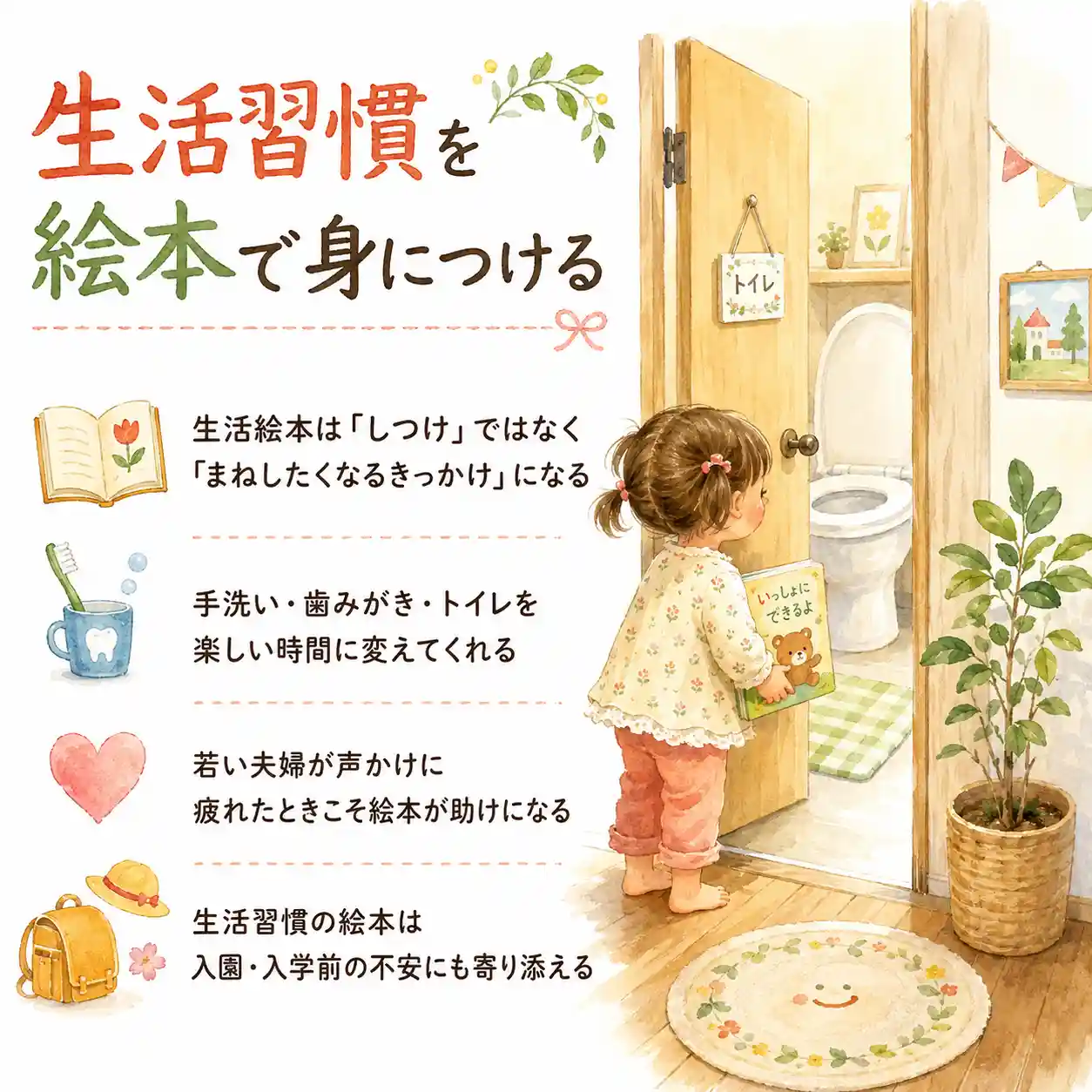 生活習慣を絵本で身につける方法を紹介する水彩風インフォグラフィック。絵本を持った2歳くらいの女の子が、開いたトイレのドアの前で中をのぞき、手洗い・歯みがき・トイレ・入園入学前の不安に役立つポイントが並んでいる。