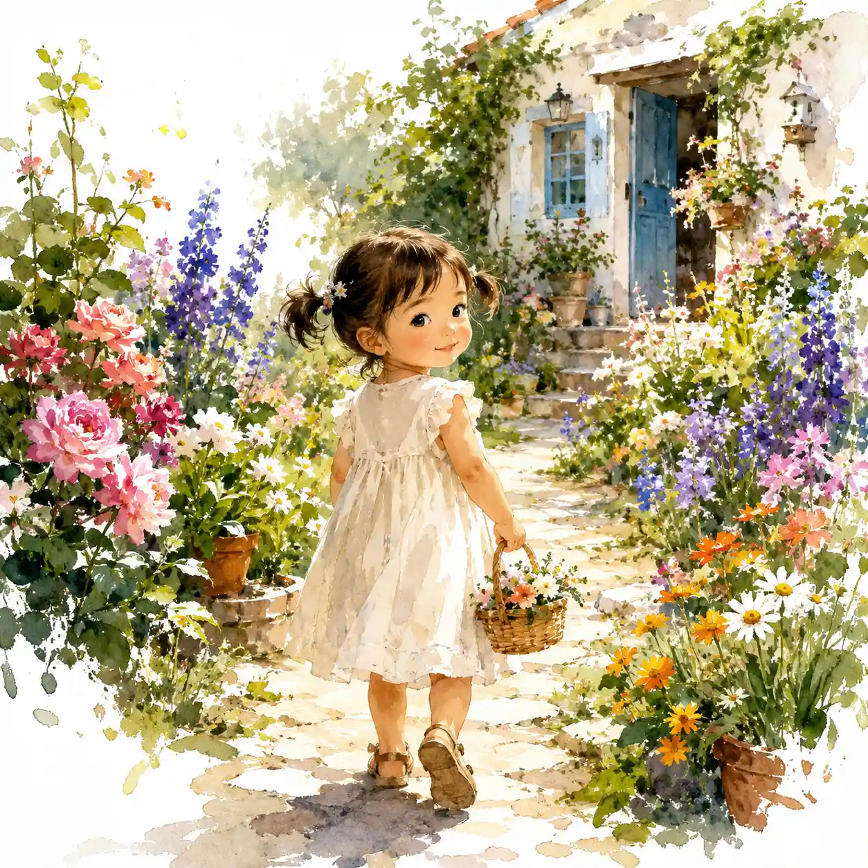 花が満開の庭にいる女児