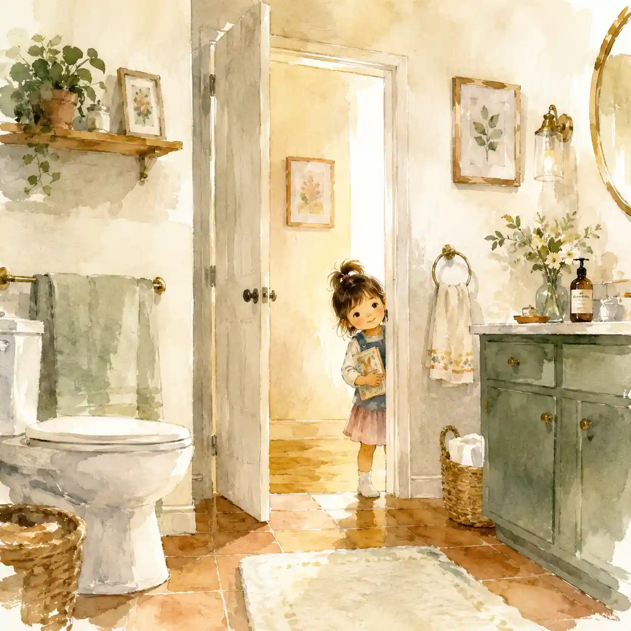 絵本を持ってトイレをのぞいている女児