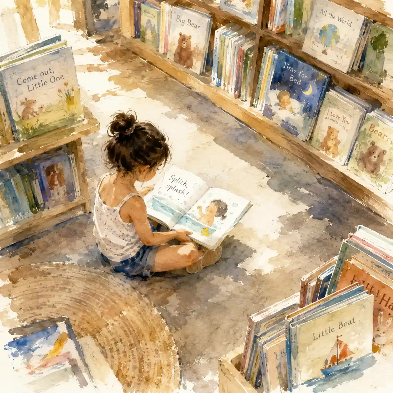 フロアに座り込んで絵本を読んでいる４歳児