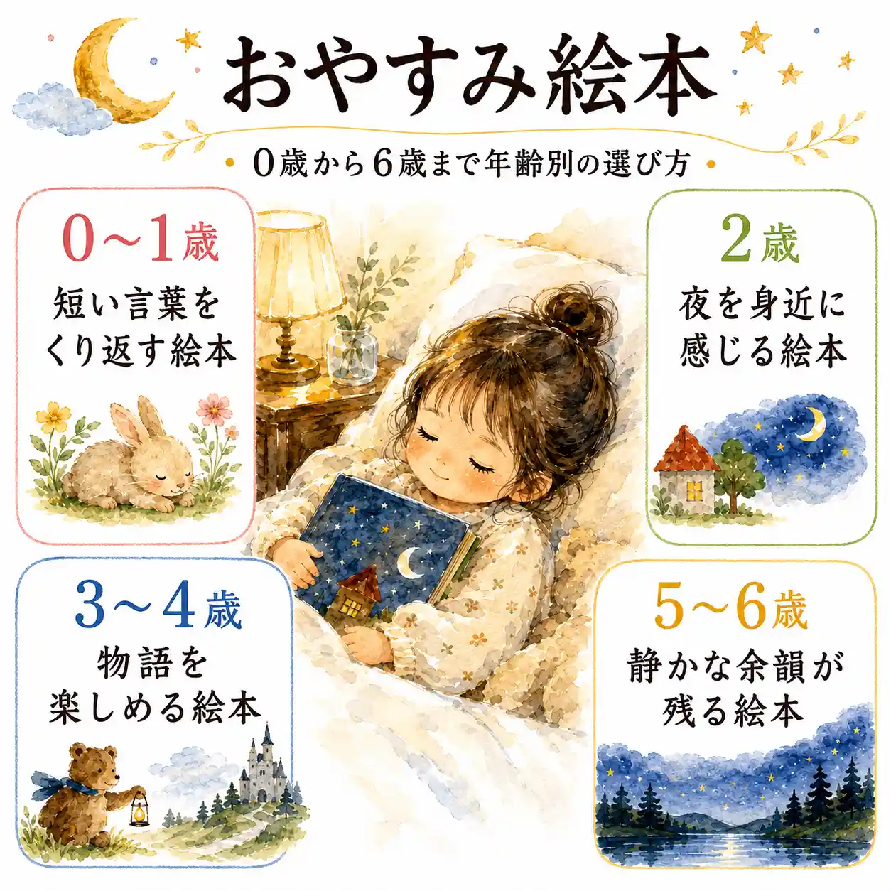 おやすみ絵本の年齢別選び方をまとめた水彩風インフォグラフィック。ベッドで絵本を抱く2歳くらいの女の子を中心に、0〜1歳、2歳、3〜4歳、5〜6歳向けの特徴を紹介している。