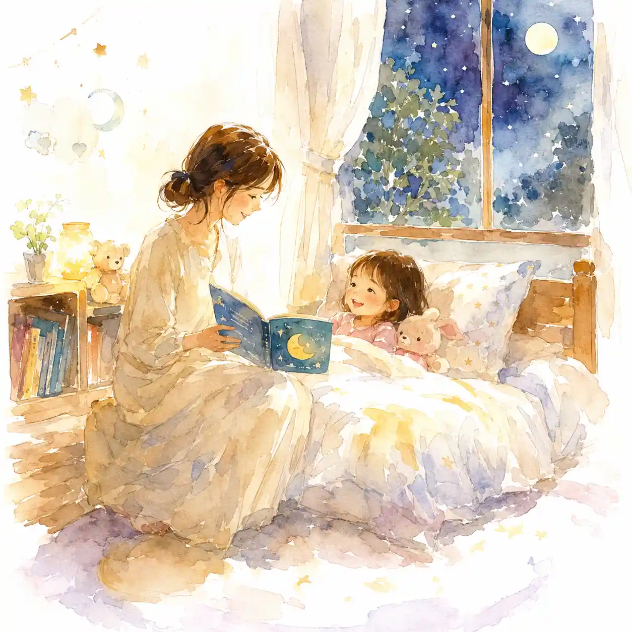 おやすみ絵本を読み聞かせてもらっている女児