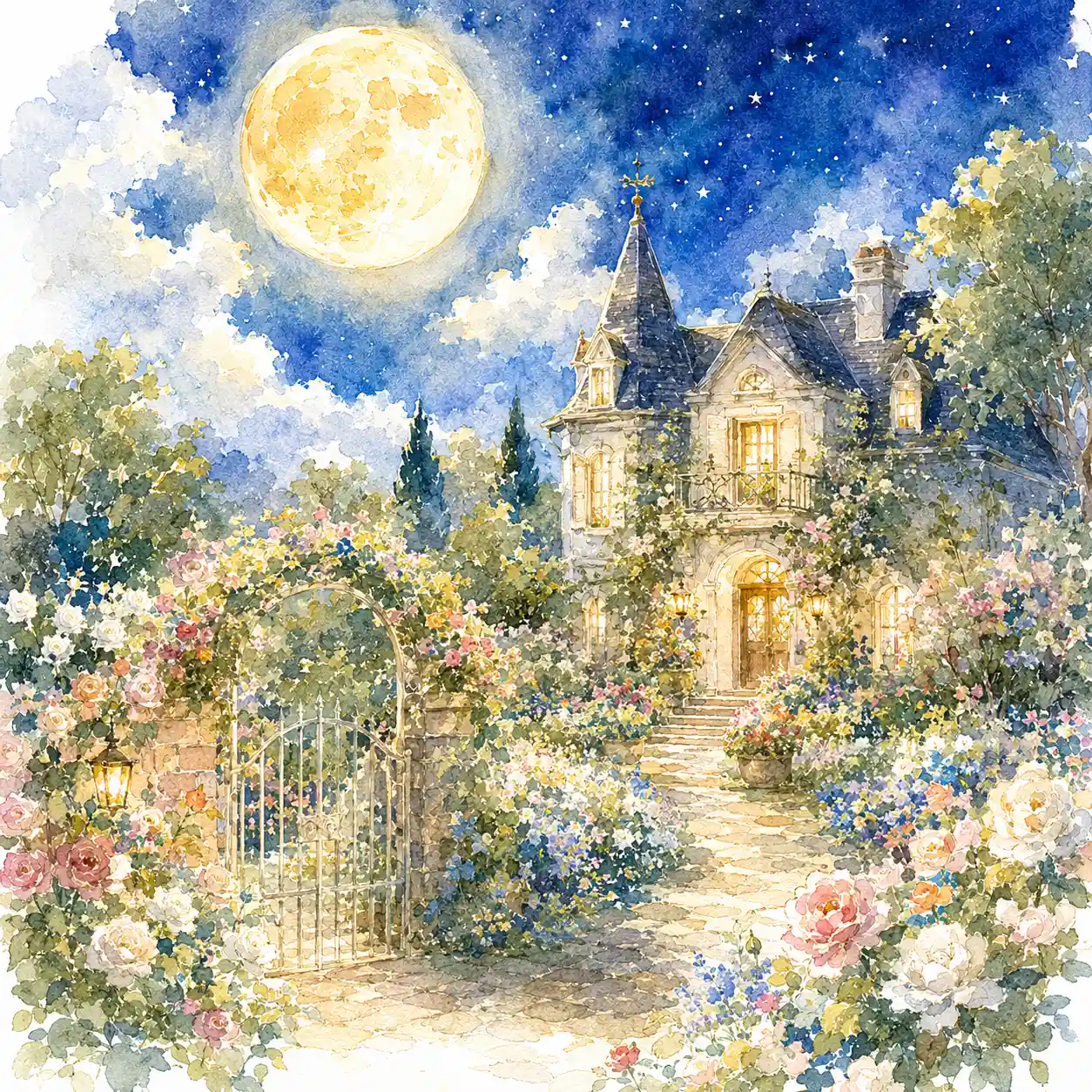 満月　花満開の庭