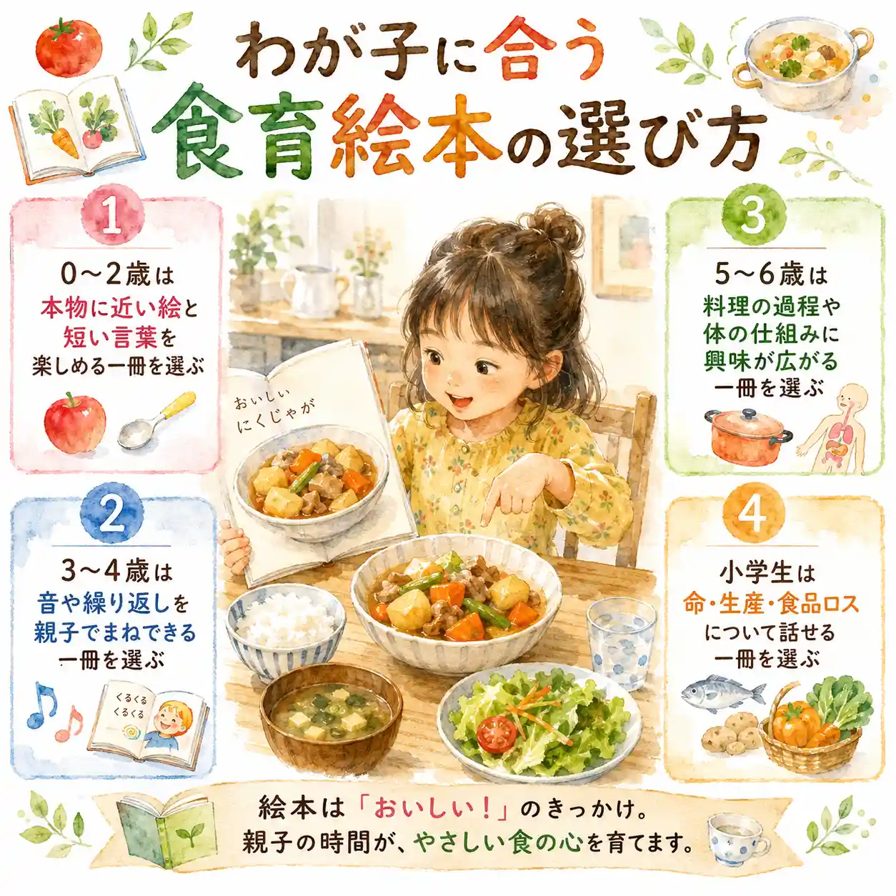 5歳の女の子が夕食と絵本を見比べる、年齢別の食育絵本の選び方をまとめた水彩風インフォグラフィック